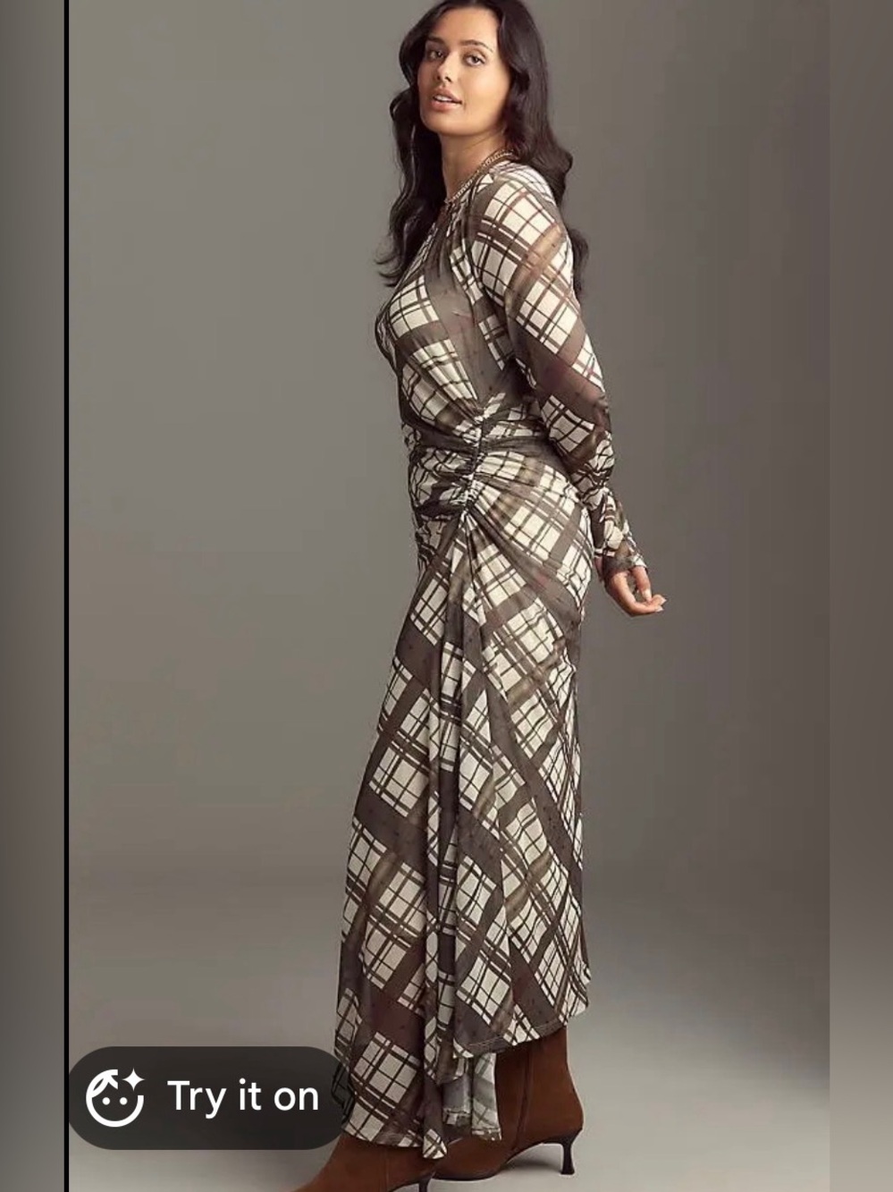 Anthropologie Ruched Mesh Midi Dress NWT XS Brown Plaid Long Sleeve Asymmetrical - Picture 2 of 8